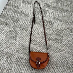 Leather Saddle Crossbody Bag in Tan with Dark Brown Trim